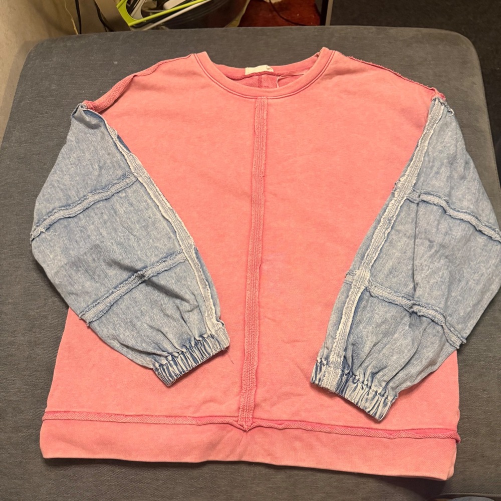 New In Pink Denim Mixed Media Sweatshirt Boho Raw Seam Pullover Womens Medium